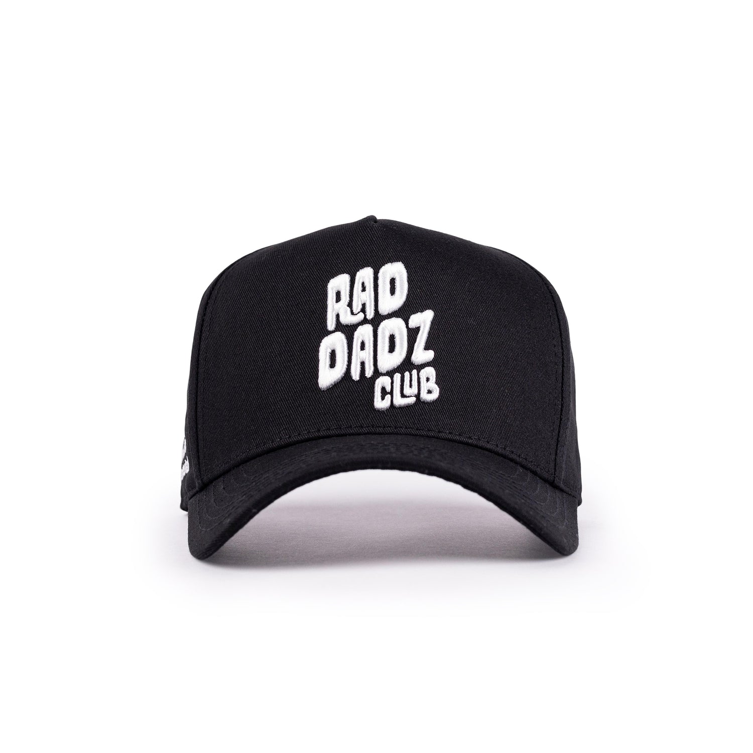 Front of a black baseball cap with white 3D embroidered logo.