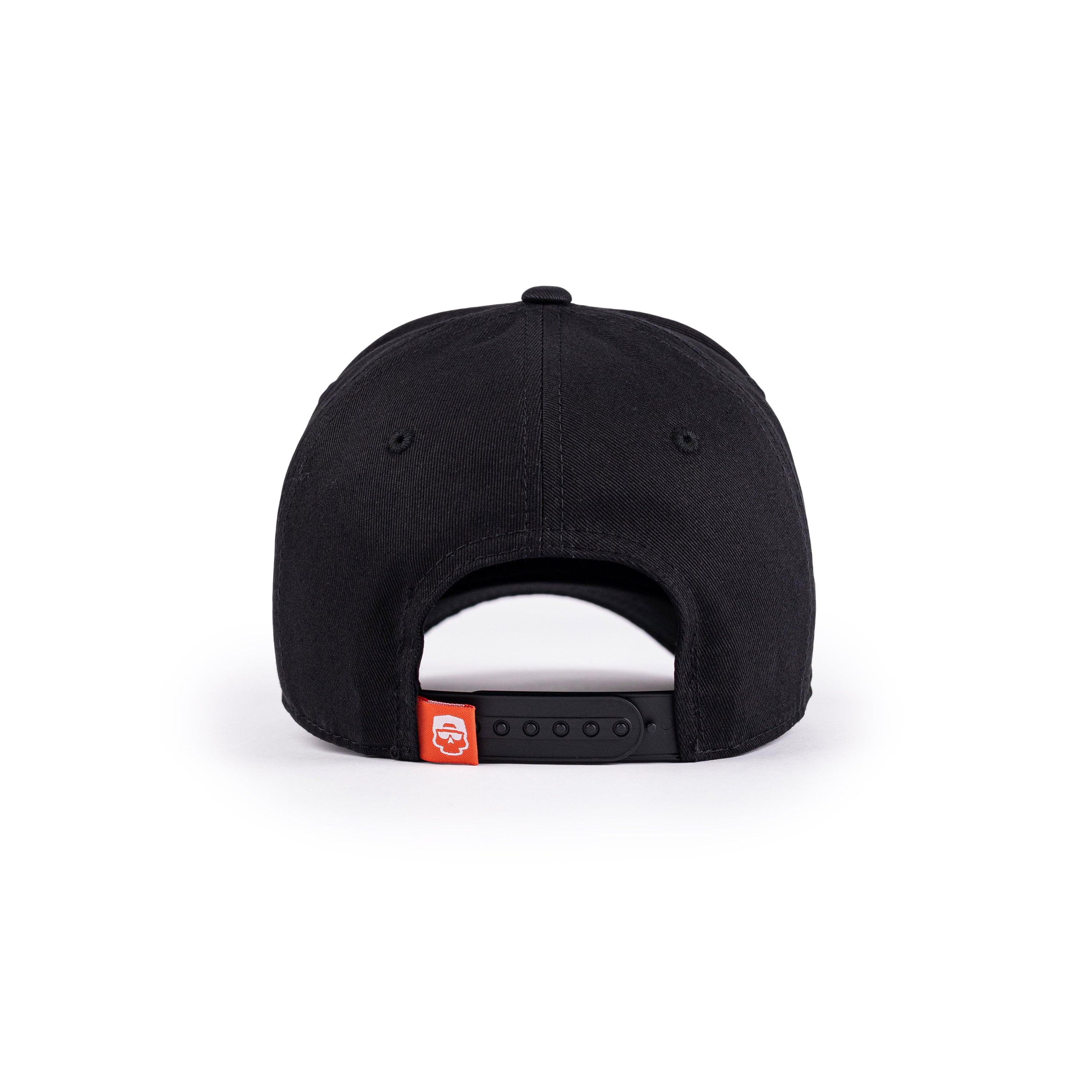 Back of a black baseball cap with snapback strap.