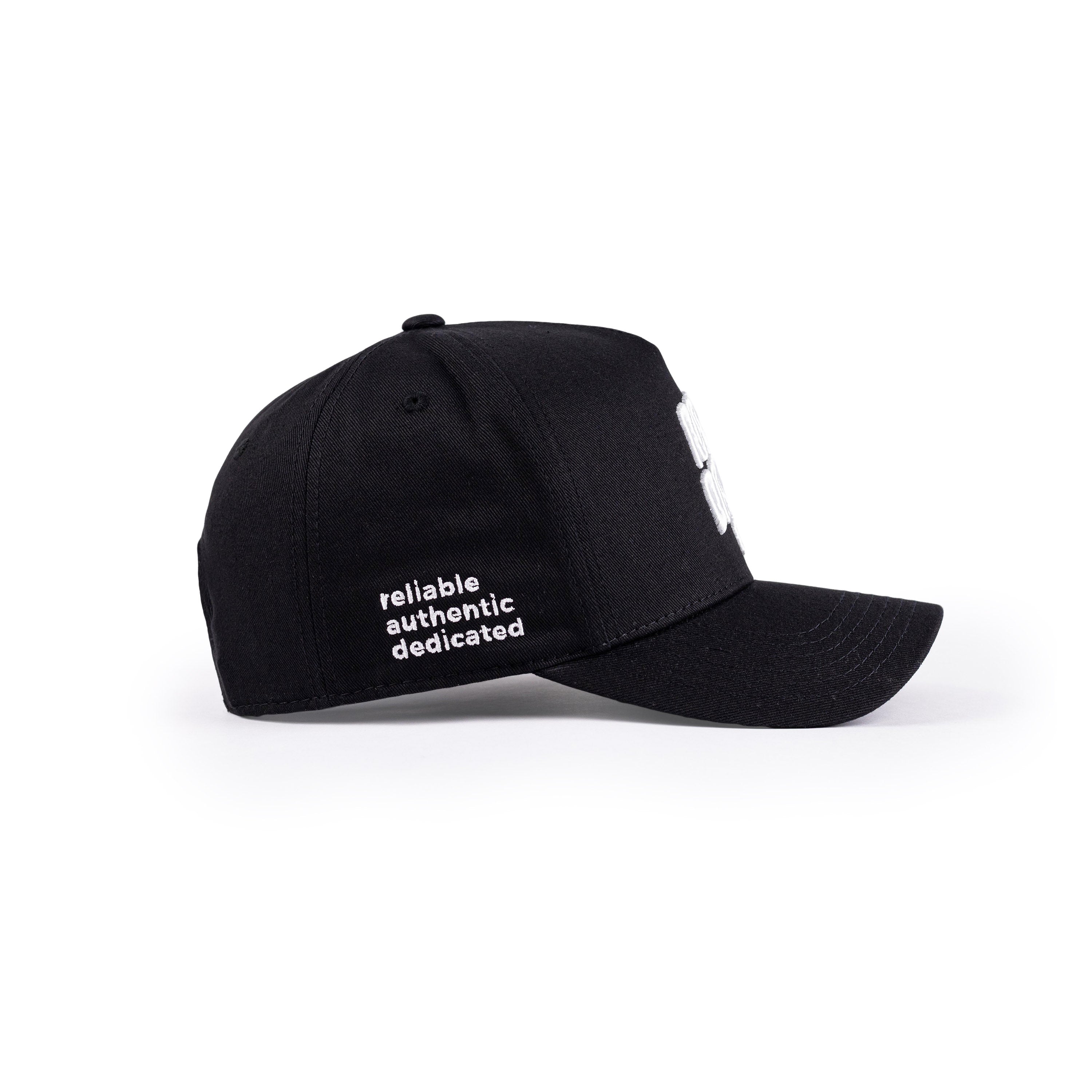 Side profile of a black baseball cap with white embroidered logo.