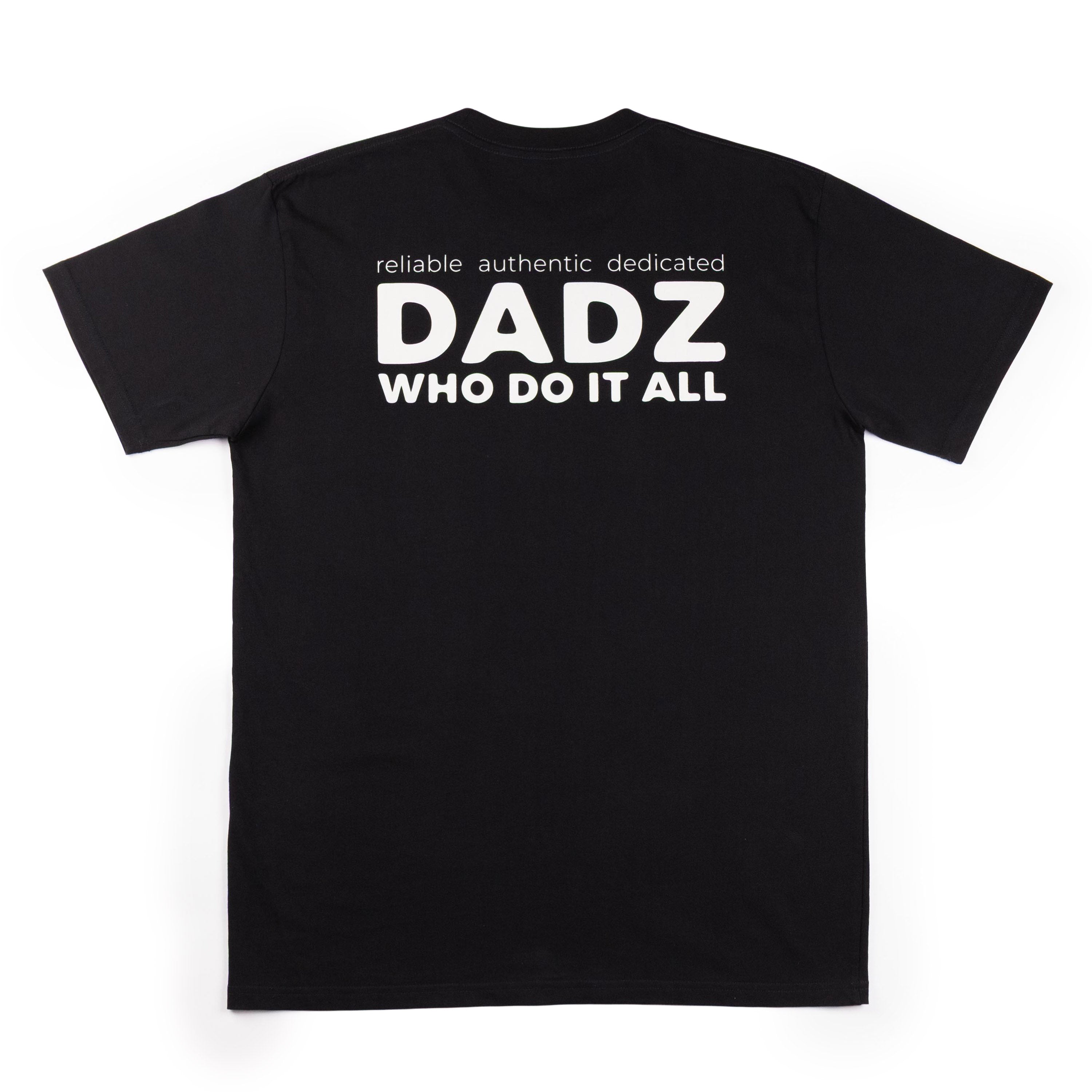 Back of a black cotton t-shirt with a white logo in the middle.